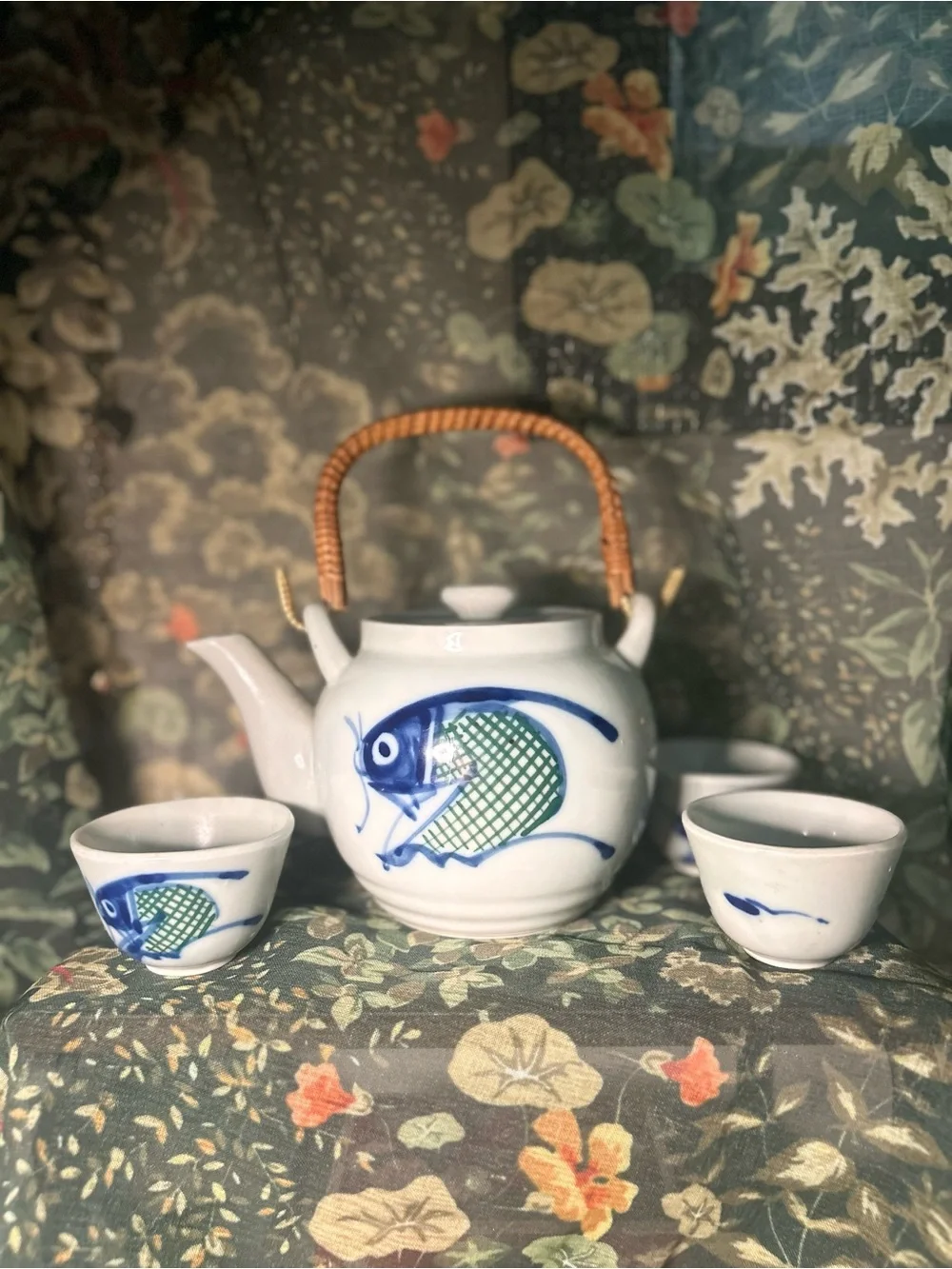 Ceramic Fish Teapot Set in White and Blue with Green Accents